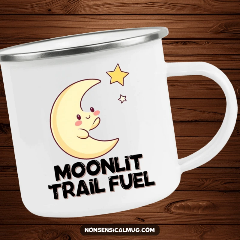 Funny camping mug featuring a whimsical crescent moon character joyfully chasing a twinkling star, perfect for outdoor cosmic fun.