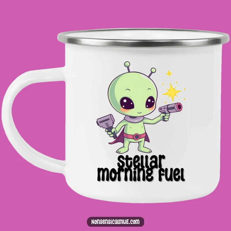 Funny Kawaii Alien Sparkle Ray Gun Camping Mug - Cute Sci-Fi Enamel Mug, Great Funny Gift for Campers