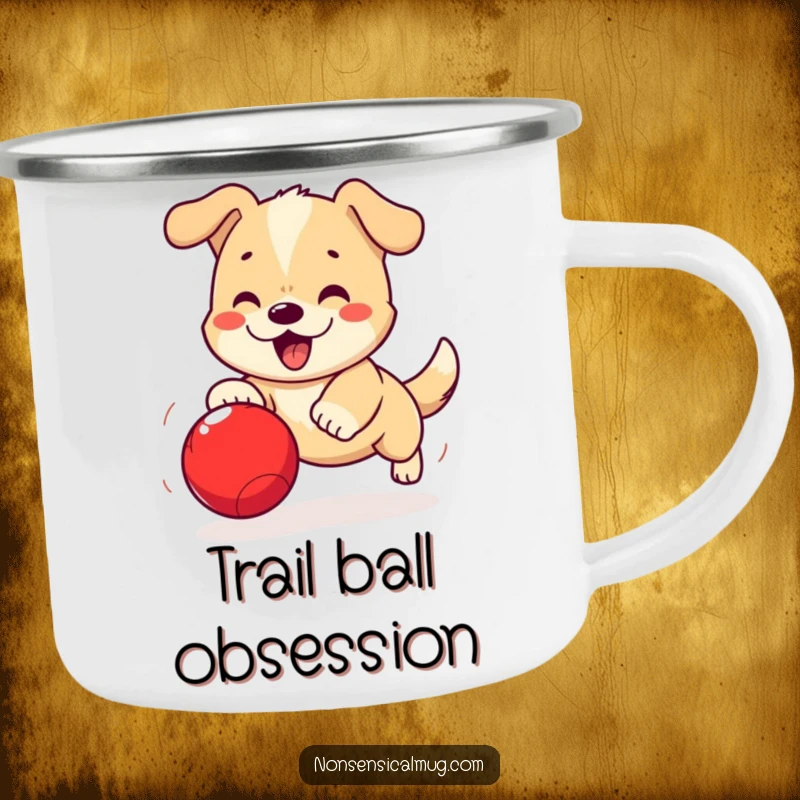 Funny Kawaii Dog Camping Mug: An excited kawaii dog chases a ball, perfect for hot beverages on adventures.