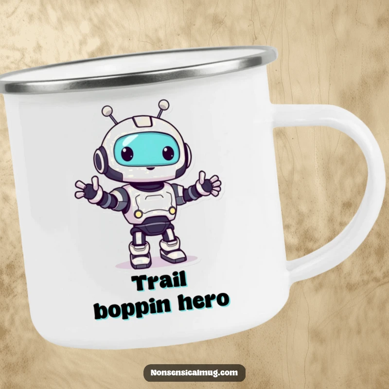 Funny robot camping mug with a playful character doing a happy little bop, great for outdoor beverages.