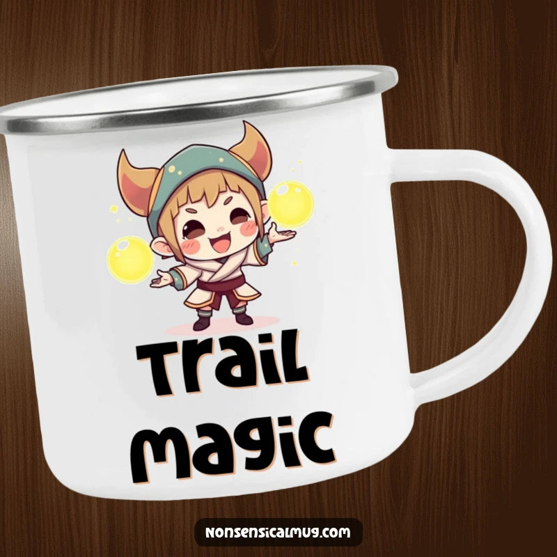 Funny camping mug with a sly character juggling three luminous orbs, perfect for adventurers who enjoy a touch of playful magic.