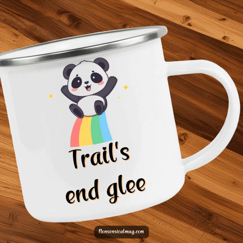 Kawaii Panda Camping Mug: A gleeful kawaii panda sliding down a rainbow, perfect for outdoor drinks.