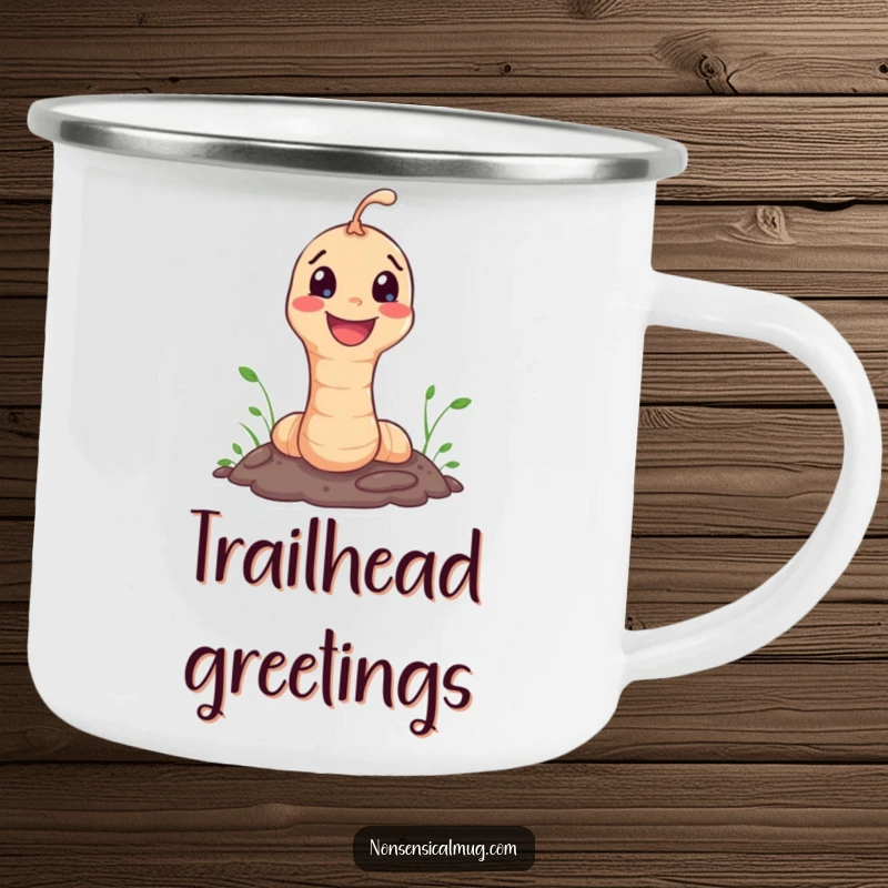 Funny Camping Mug: Happy worm character joyfully popping out of the ground, ready for outdoor fun.