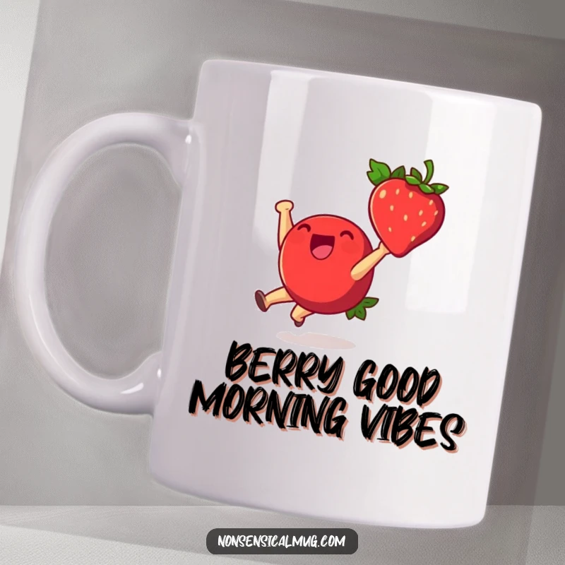 Funny mug featuring a cheerful strawberry character in mid-cartwheel, legs up, with a big smile, conveying pure, unadulterated fruit happiness.