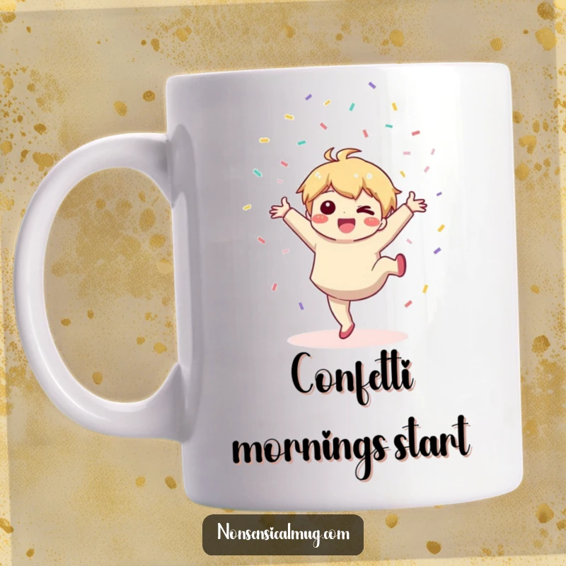 Funny mug: a cute kawaii character joyfully performs a cartwheel while throwing a handful of colorful confetti.