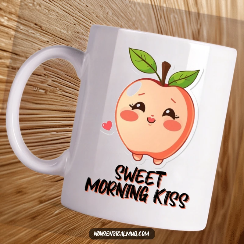 Funny apple mug featuring a blushing apple character joyfully blowing a kiss, radiating sweetness and affection, perfect for sharing love.