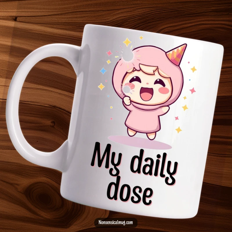 Funny mug with a joyful character gleefully launching a sparkling party popper, celebrating with infectious enthusiasm and confetti.