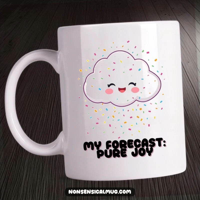 Funny mug featuring a smiling, cheerful cloud raining down a vibrant shower of colorful celebratory confetti, radiating pure joy.
