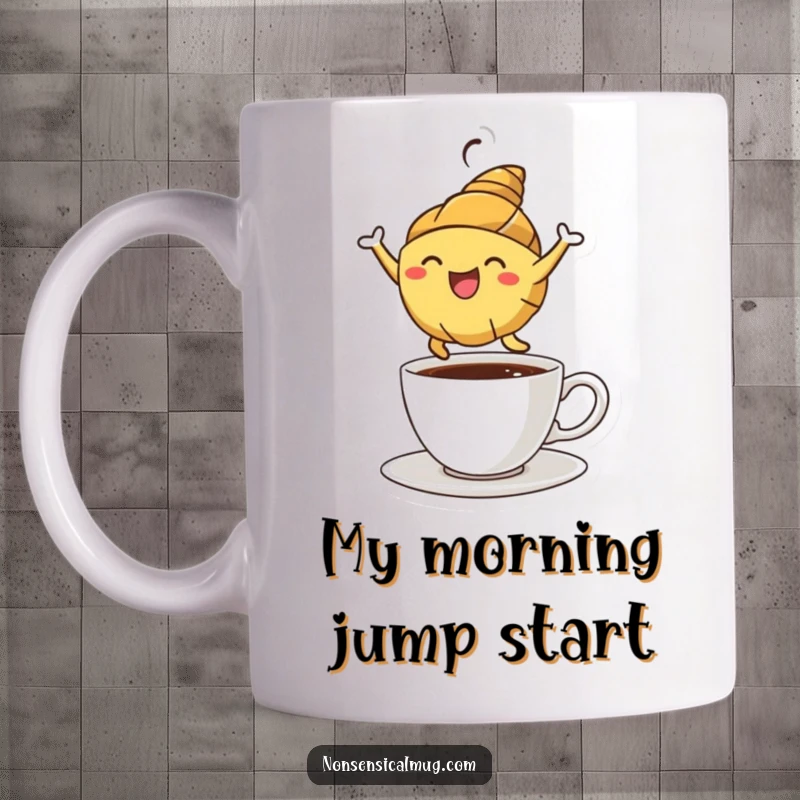 Funny croissant character joyfully leaping over a steaming coffee cup, celebrating a delicious morning, perfect funny gift.