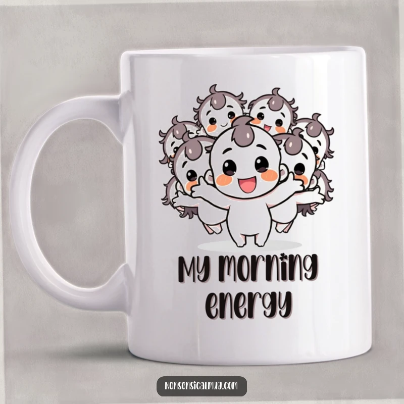 Funny mug depicting a joyful character splitting into numerous happy, bouncing duplicates, radiating infectious energy and fun.