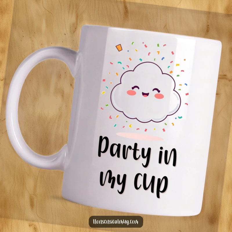 Funny happy little cloud character showering colorful confetti from above on a mug, symbolizing joy and festive celebration.
