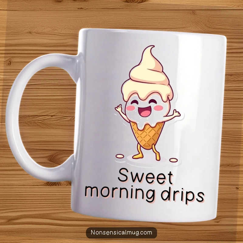 Funny kawaii melting ice cream cone character doing a silly dance on a mug, conveying pure, sweet joy.