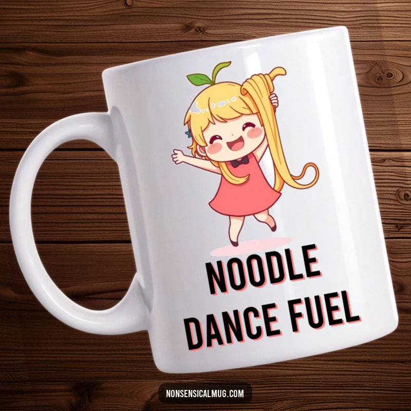 Funny mug showing a happy character doing a silly dance with one enormous, wiggly noodle. A hilarious foodie design.