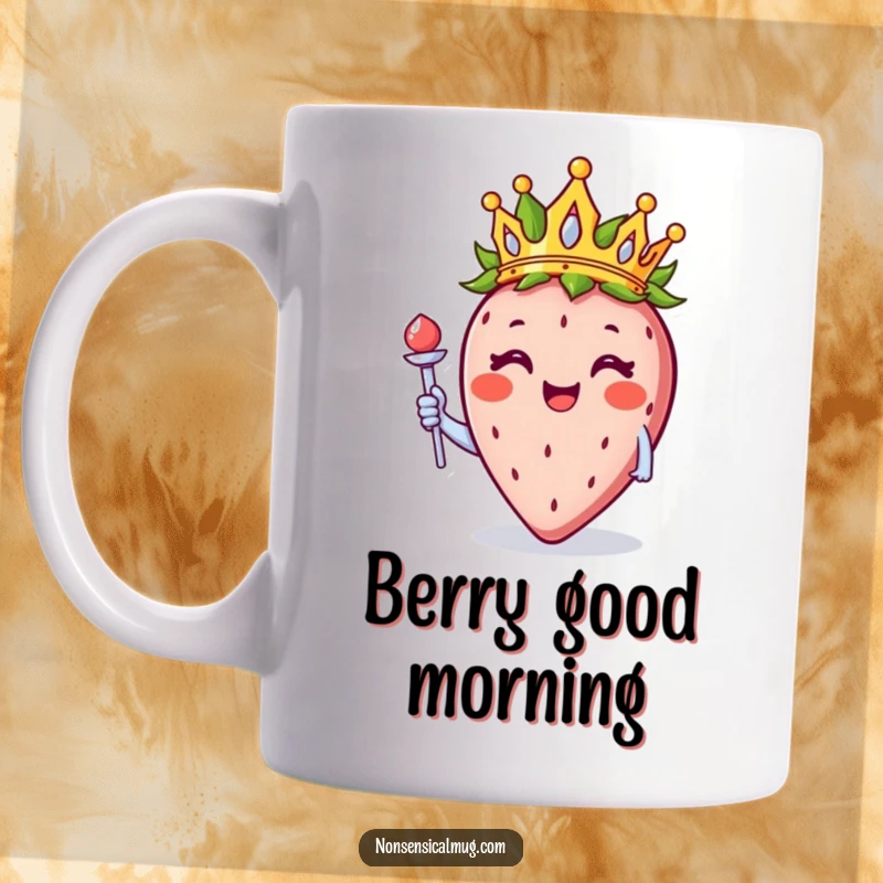 Funny smiling strawberry wearing a crown and holding a scepter, depicted on a mug, radiating sweet authority.