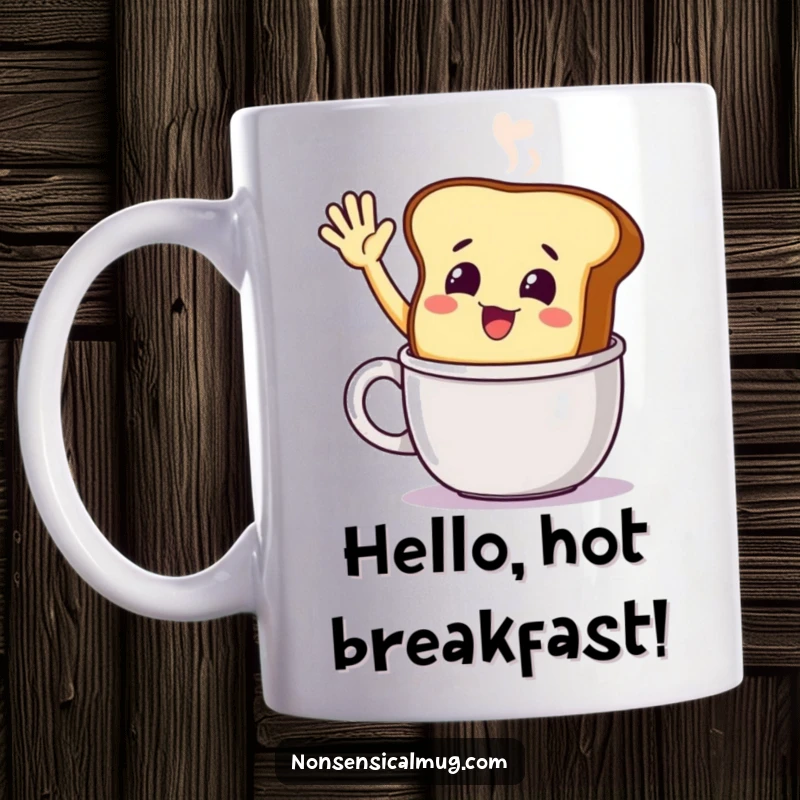 Funny smiling toast character excitedly waving from a steaming mug on a mug, offering a warm and cheerful morning greeting.