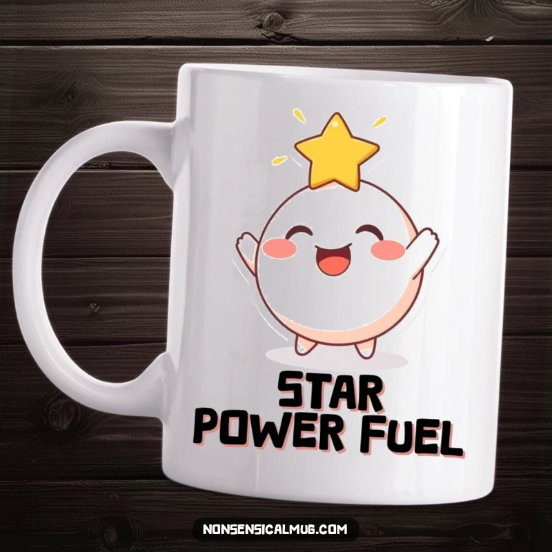 Funny Mug: A cheerful, round character joyfully bouncing a radiant star off its head, radiating positive energy.