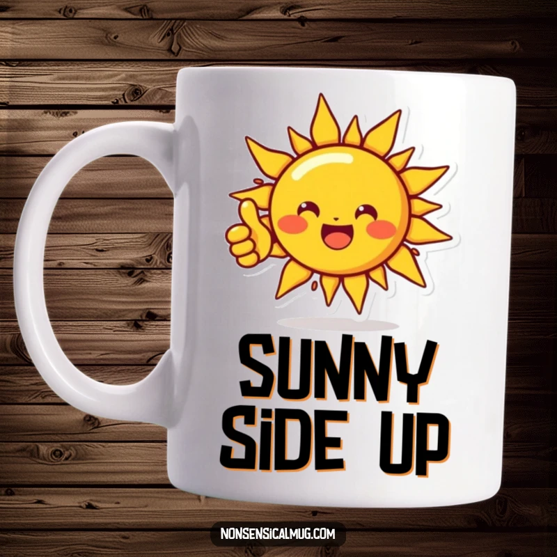 Funny mug depicting a beaming sun character radiating warmth and happiness, giving a clear thumbs up gesture of approval and positivity.