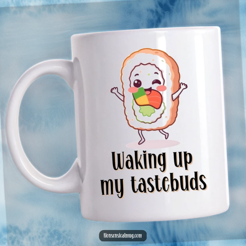 Funny sushi roll character in a joyful jig, dancing happily on a mug, celebrating the love of sushi.