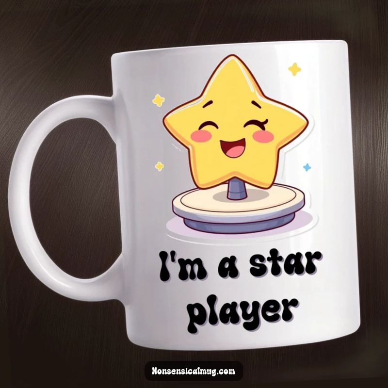 Funny Mug: Cheerful star character winking and spinning gleefully on a platform, spreading joy and humor.