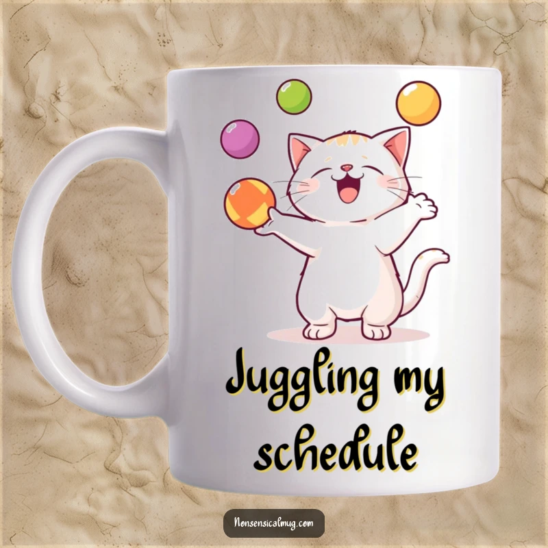 Funny Kawaii Cat Mug: A cute cat enthusiastically juggles three colorful balls with impressive focus and skill.