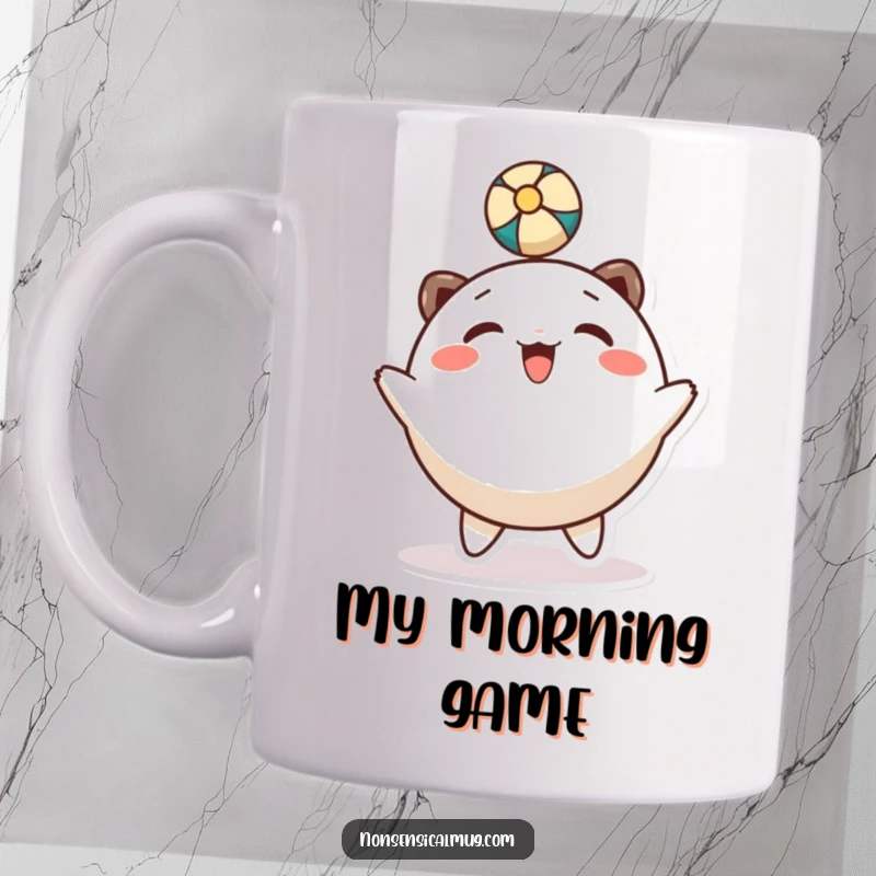 Funny mug: a round, smiling character gleefully bounces a ball using its head with great enthusiasm.