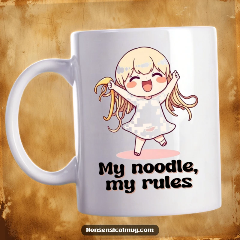 Funny mug showing a delighted character joyfully dancing with a giant, wiggling noodle, celebrating food and fun with pure bliss.