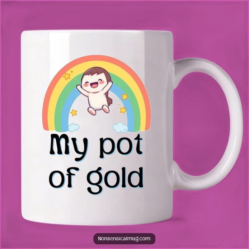 Funny Rainbow Ride Mug: A Laughing Character's Joyful Descent, Perfect Gift!