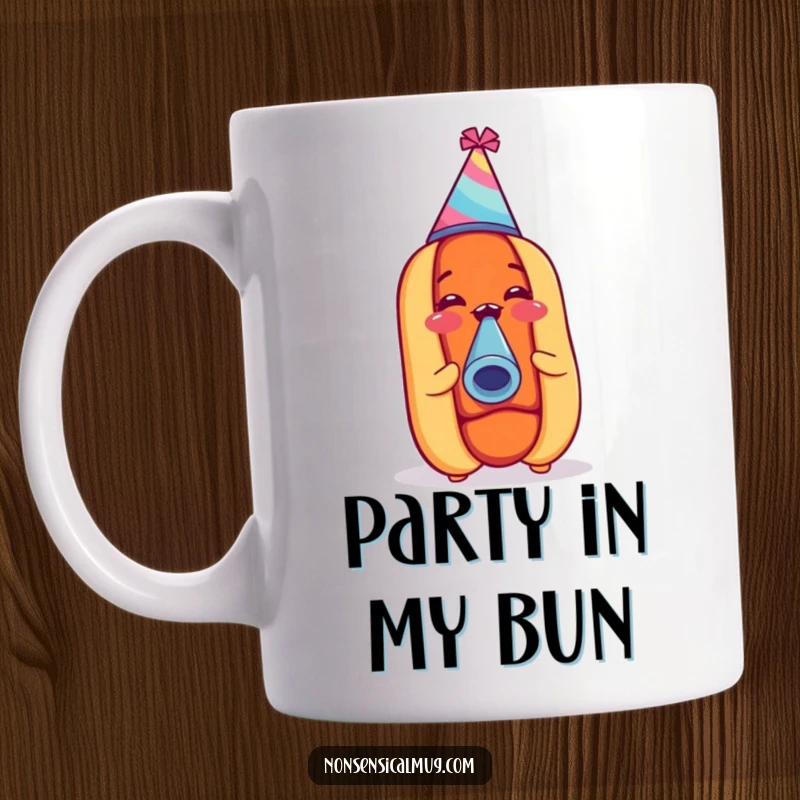 Funny happy hot dog wearing a party hat and blowing a noisemaker, depicted on a mug, radiating festive energy.