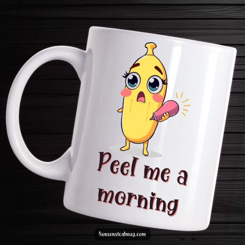 Funny surprised banana character with wide eyes popping a party popper on a ceramic mug, a hilarious and shocking gift.