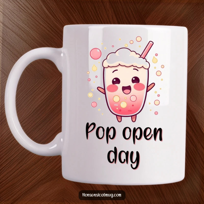 Funny mug depicting a bubbly soda character bursting with excitement, surrounded by energetic fizz and bubbles.