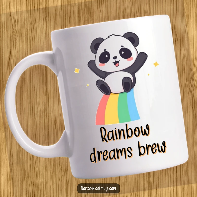 Kawaii Panda Mug: A cute panda looking gleeful while sliding down a vibrant rainbow, radiating happiness.