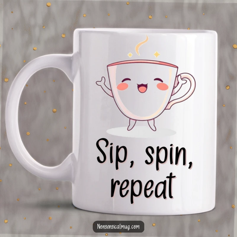 Funny teacup with tiny arms and legs, happily dancing and twirling on a mug, radiating pure joy.