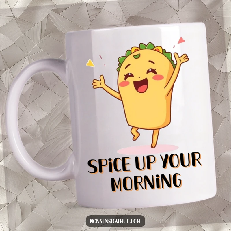 Funny mug showcasing a smiling, anthropomorphic taco enthusiastically doing a celebratory dance, full of joy and fiesta spirit.