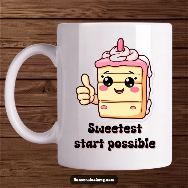 Funny mug with a happy, giddy slice of cake giving a clear thumbs up, symbolizing sweet success and celebration.