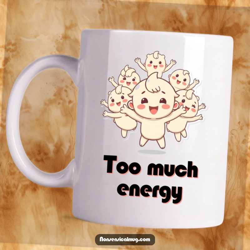 Funny mug illustrating a happy character multiplying into several energetic, bouncing duplicates of itself, conveying boundless energy and amusement, a fun item.