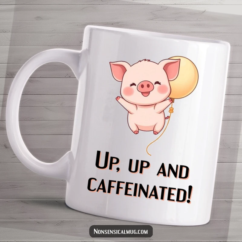 Funny Kawaii Piglet Balloon Mug: A cheerfully smiling piglet ascends on a colorful balloon, a whimsical and cute design.