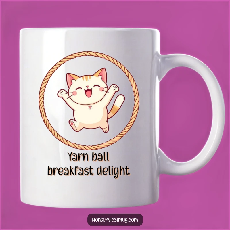 Funny Round Cat Yarn Hoop Mug: Playful Leap, Perfect Funny Gift for Cat Lovers!