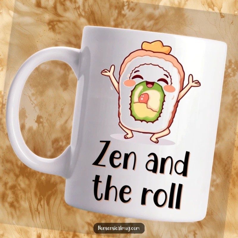 Funny sushi roll in a yoga pose, radiating joy and finding balance with a humorous, zen-like expression.