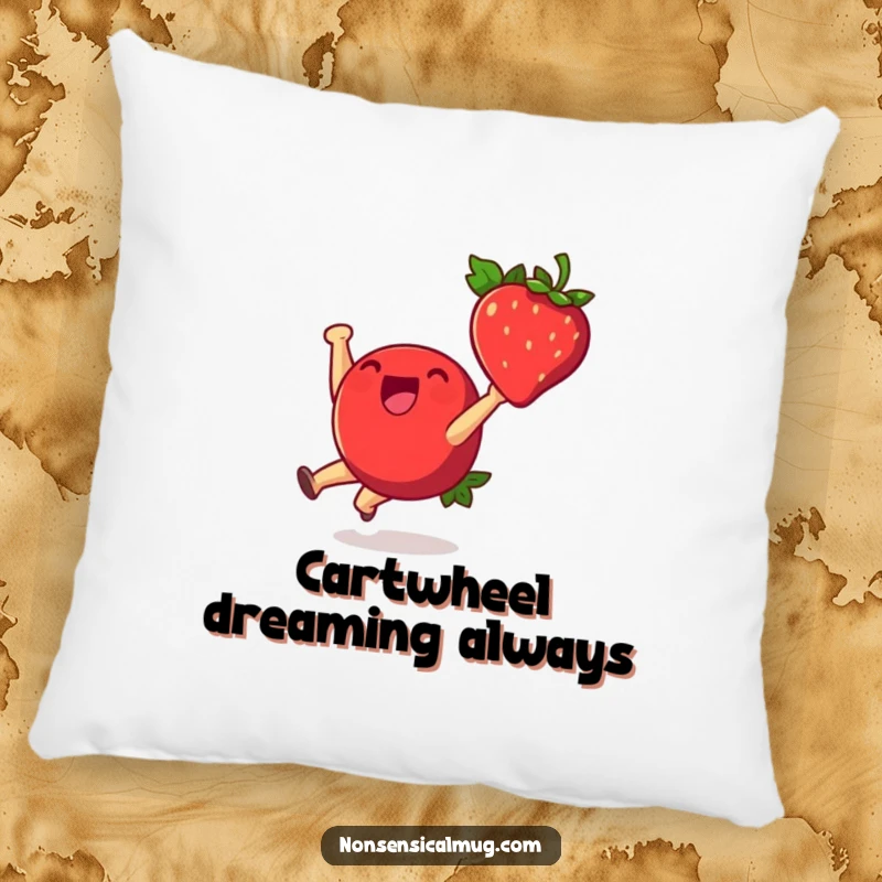 Funny pillow with a cheerful strawberry character in a joyful cartwheel pose, adding a whimsical and humorous accent to any seating.