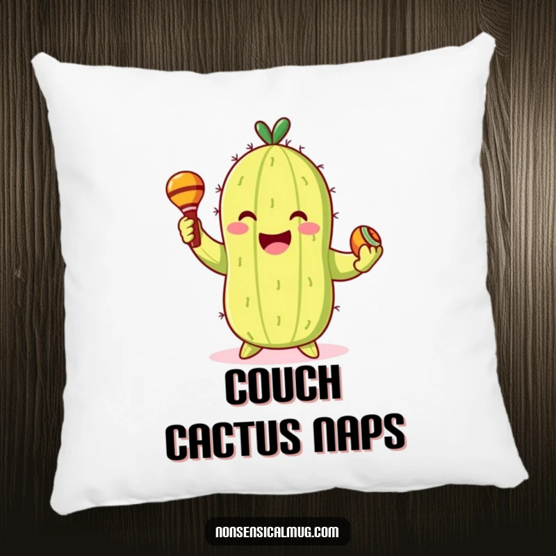 Funny Pillow: Smiling cactus character gleefully dancing with maracas, providing comfort and festive cheer.