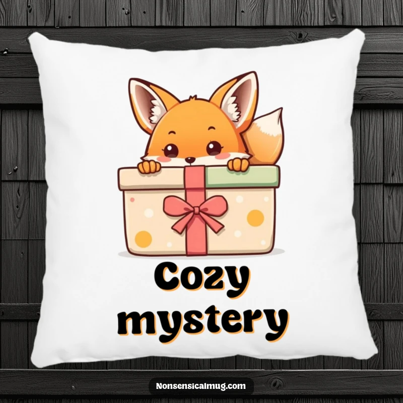 Kawaii Fox Pillow: A cute kawaii fox peeking from behind a large, colorful gift, offering cozy charm.