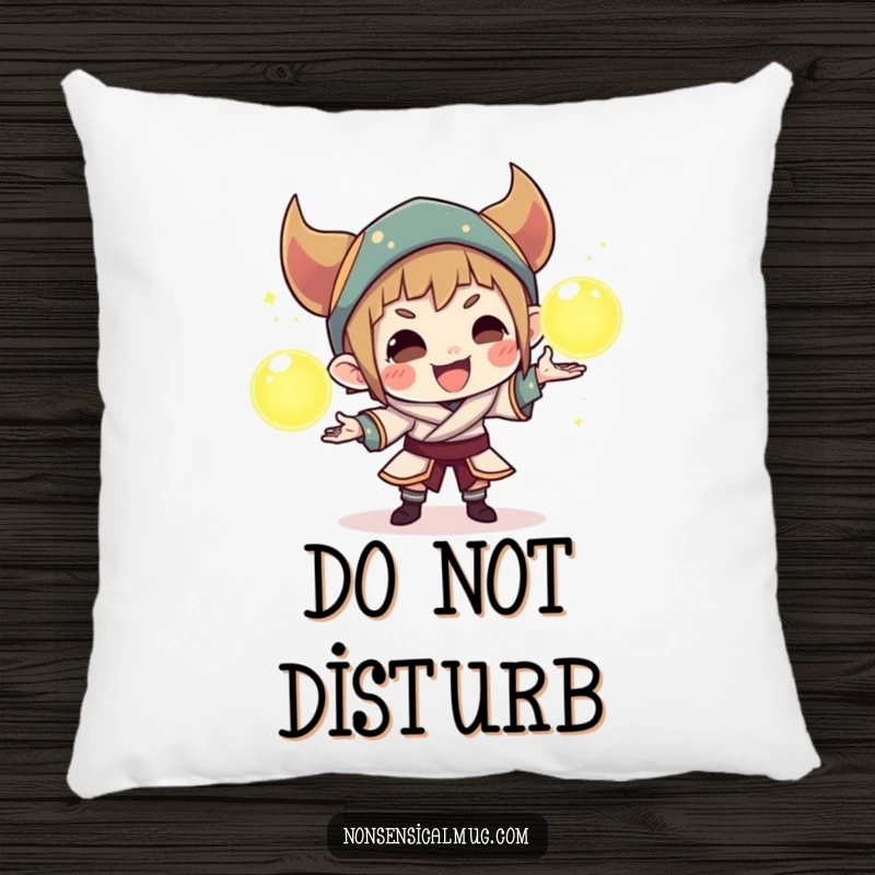 Funny decorative pillow with a cunning character juggling three luminous orbs, adding a playful and magical element to any room.