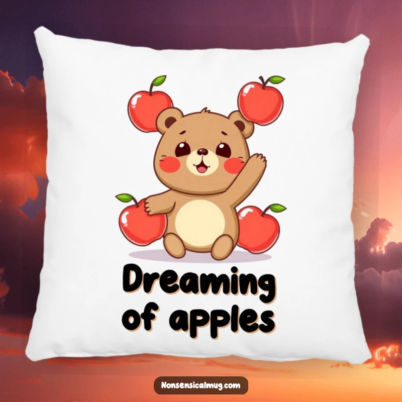 Funny pillow featuring a round, cute bear character hilariously juggling three shiny apples, perfect for adding comfort and humor.