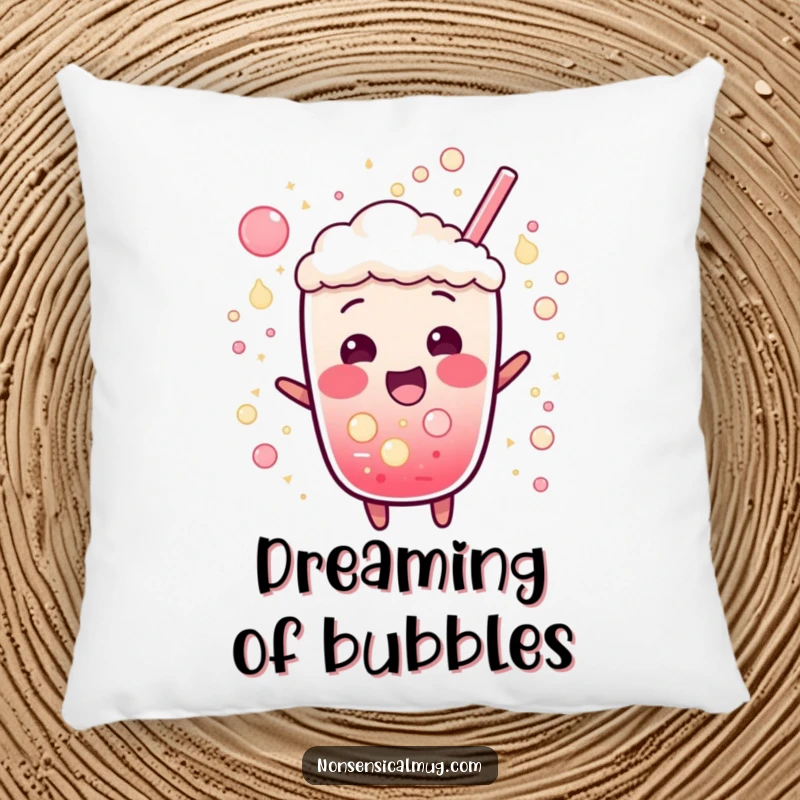 Funny pillow featuring a bubbly soda character bursting with excitement and fizz, adding a humorous and energetic accent.