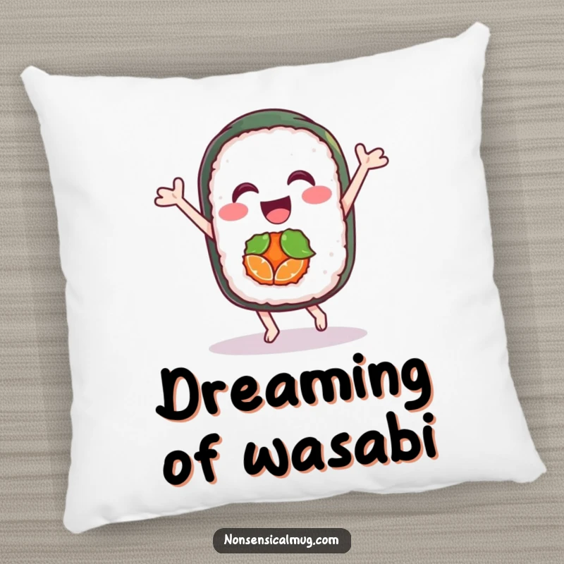 Funny pillow featuring a delighted sushi roll character dancing joyfully, perfect for adding comfort and a touch of whimsy.