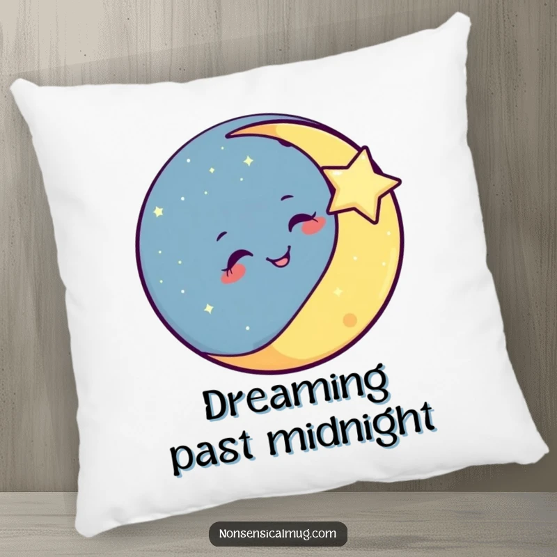 Funny smiling moon winking at a twinkling star on a soft pillow, adding celestial whimsy.