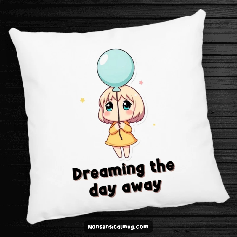 Funny pillow design of a character holding a balloon and looking up dreamily, a soft and comforting accent for any room.