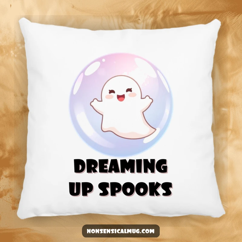 Funny ghost floating joyfully inside a bubble, depicted on a soft pillow for comfort and humorous decor.