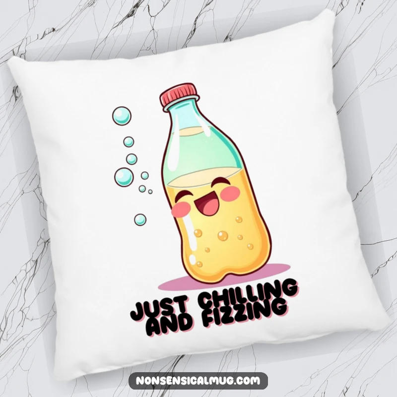 Funny giggling soda bottle pillow, soft and charming, featuring a happy character with bubbles for humorous comfort.