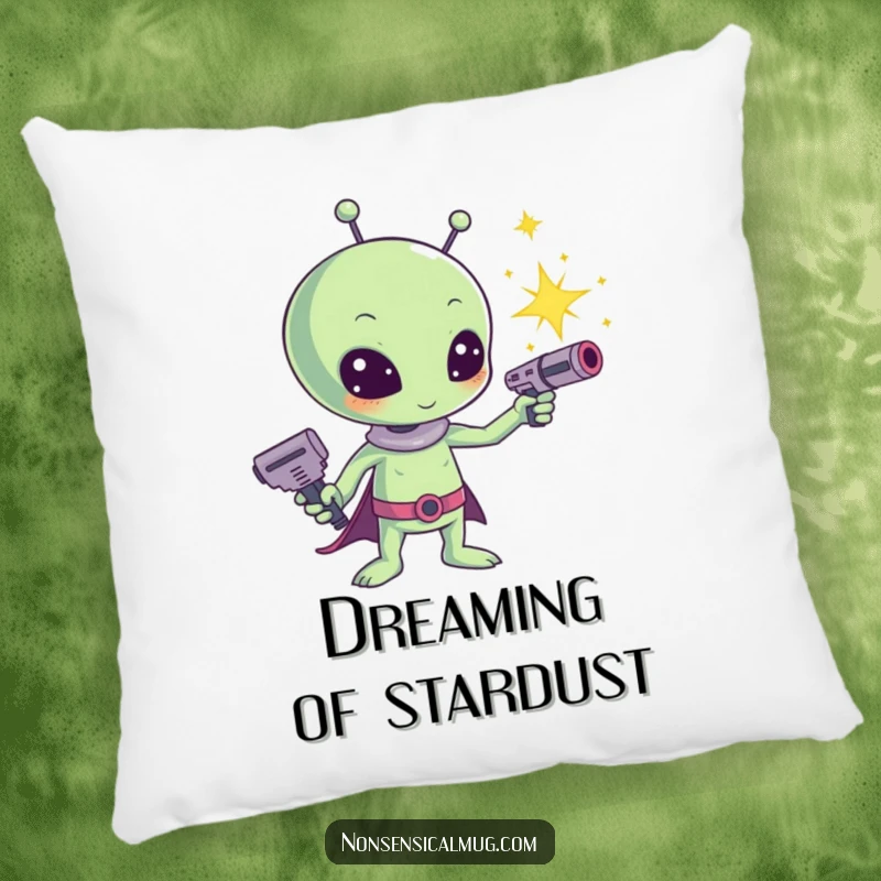Funny Kawaii Alien Sparkle Ray Gun Pillow: A cute alien fires a ray gun that shoots gentle sparkles, a soft and fun decorative piece.